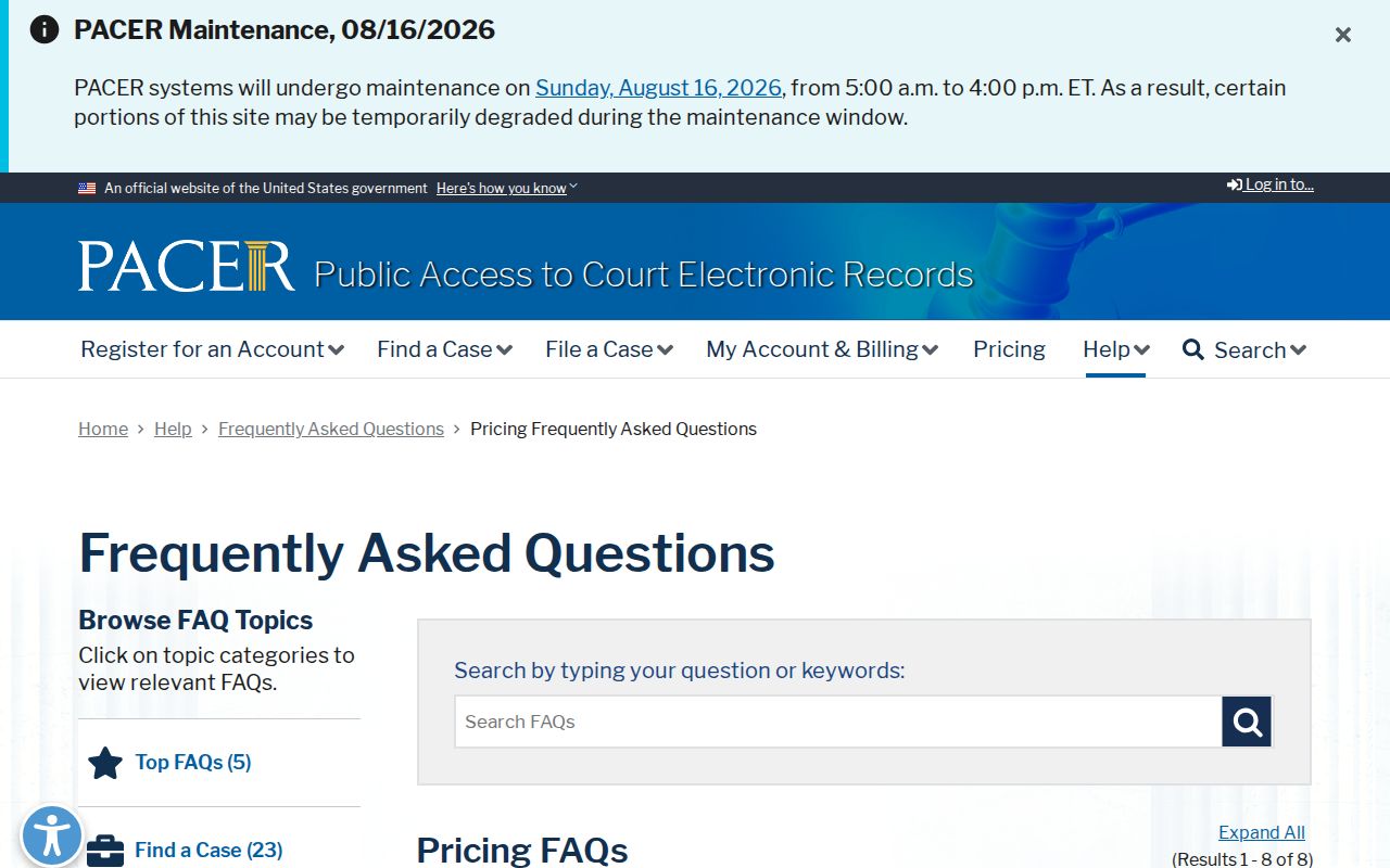 PACER pricing for federal records separate from Good Hope court records