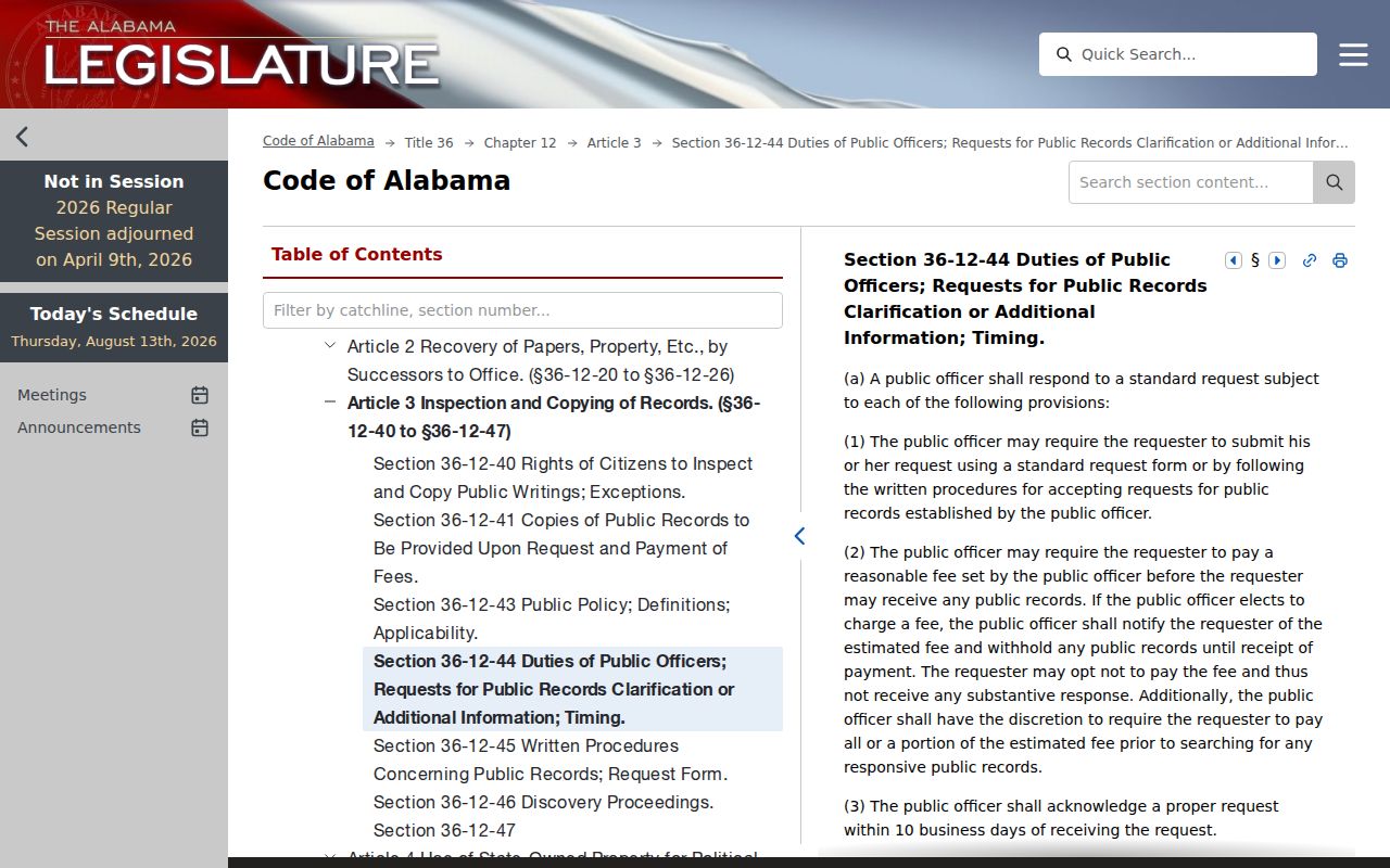 Public request timing law for Hanceville court records