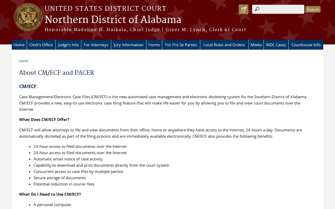 Holly Pond federal court docket source explaining CM ECF and PACER