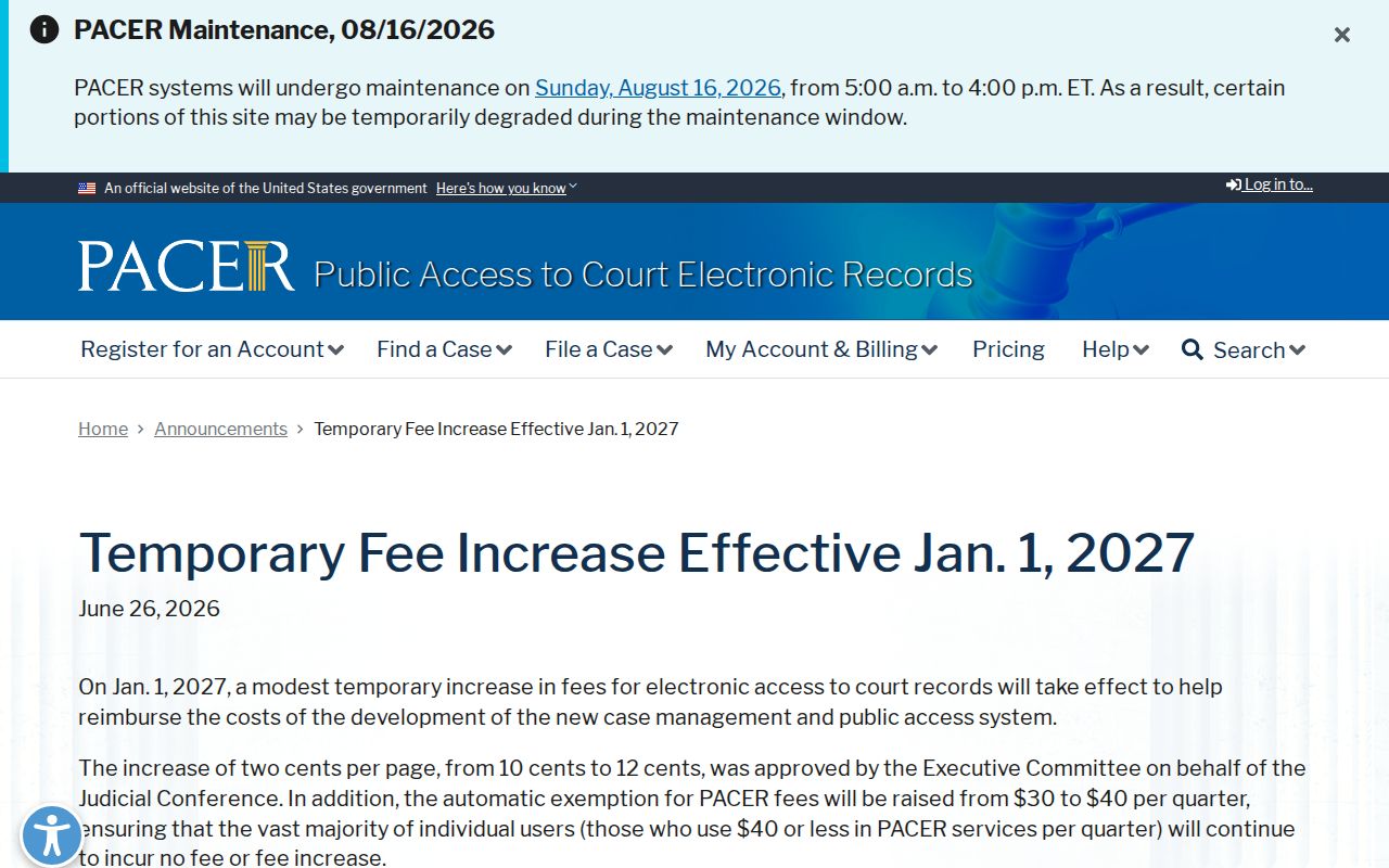 Holly Pond federal court docket source for the announced 2027 PACER fee change