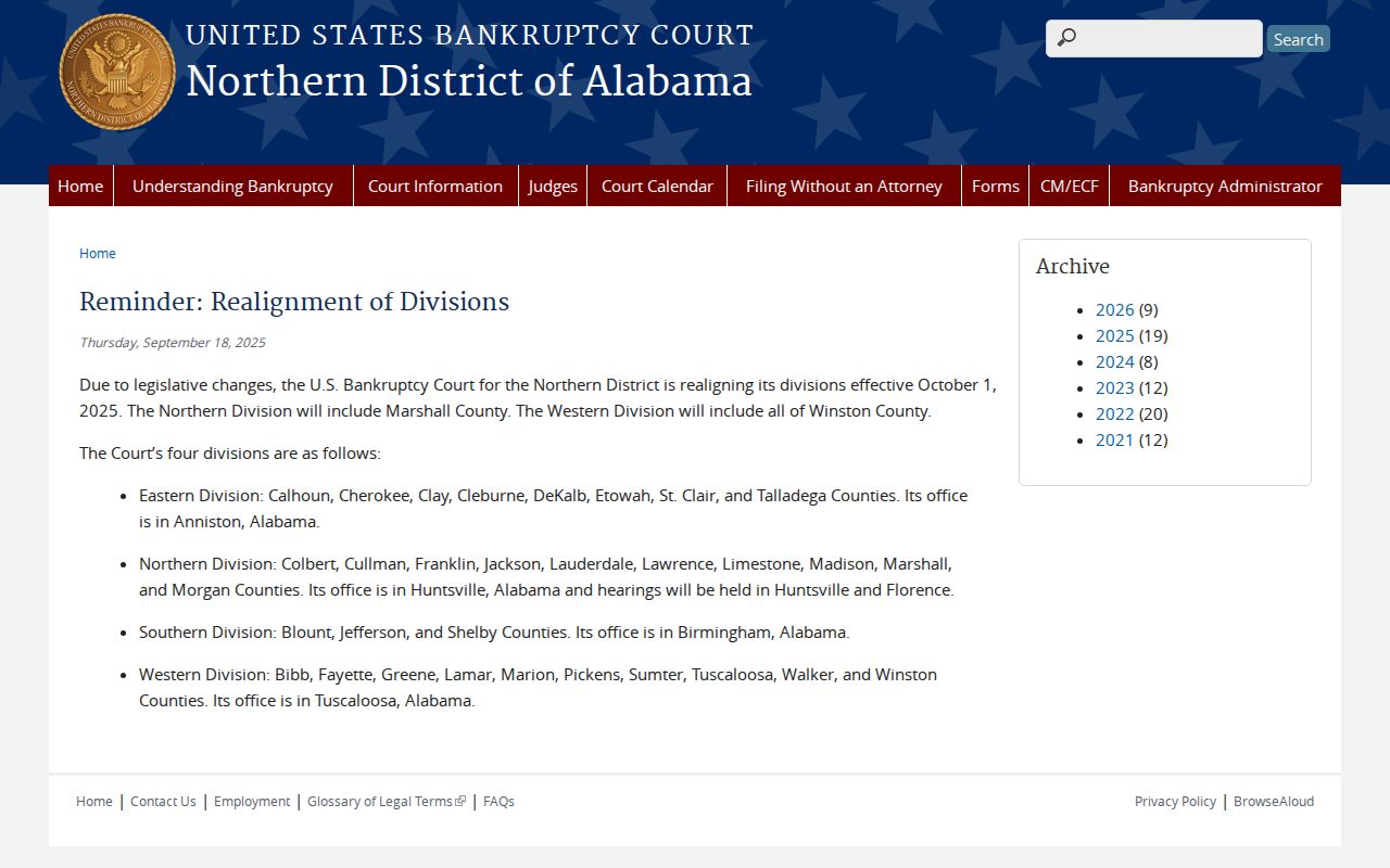 Holly Pond bankruptcy court docket source on divisional realignment